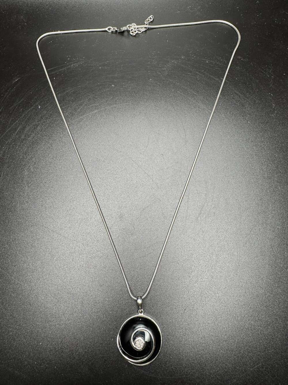 925 Sterling Silver Black Onyx Swirl Pendant Necklace with Diamond Accent